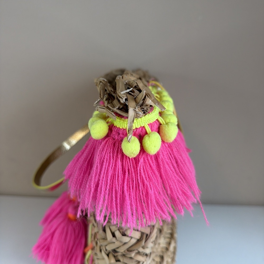 Lilly Pulitzer Large Woven Tote Bag, Gold Double Handles, Tassel Fringe, Open - Picture 3 of 15